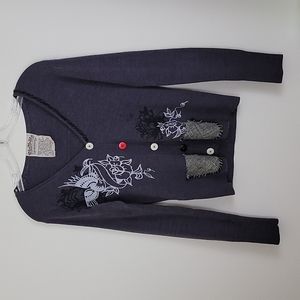 Nick And Mo Embroidered Distressed & Graphic Gray Cardigan Sweater M